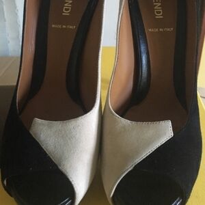 Fendi Black and Cream Women's Peep Toe Heels